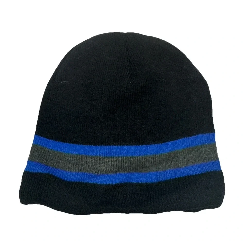 Boys Black Blue Grey Striped Fleece‎ Lined Knit Beanie Hat One Size